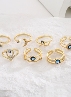 法国cherry kitty  小众铜镀18k金锆石滴油恶魔之眼几何开口戒指