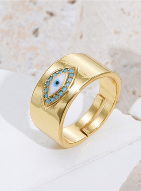 法国cherry kitty  铜镀恶魔之眼几何开口戒指 松石彩锆滴油指环