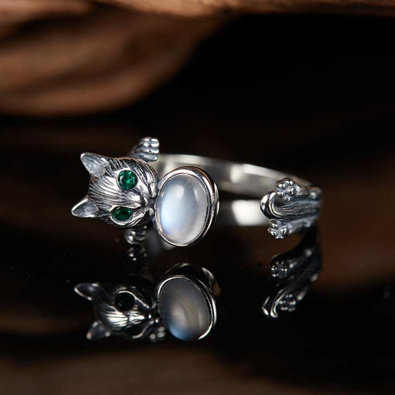法国cherry kitty复古彩宝招财猫指环首饰925银镶嵌月光石宝石
