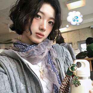 韩国faerie超好看 ins博主款东大门丝巾女灰蓝色波点长条蕾丝围巾