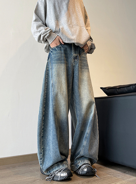 BDLS工作室文艺男女店港风情侣款四季款潮大码美式拼接弯刀牛仔裤