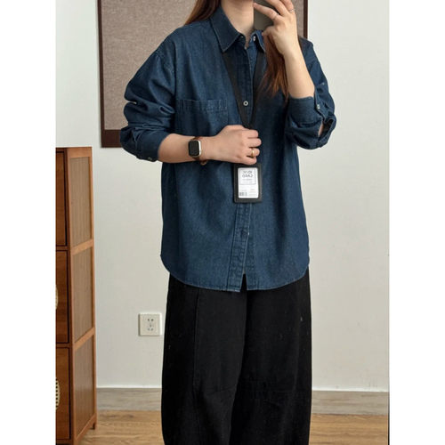 长袖纯色春秋美式拼接牛仔衬衫休闲男士港风潮流牛仔