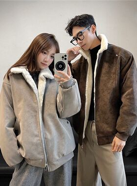 BDLS工作室文艺男女店港风情侣款美拉德羊羔毛pu皮棉衣厚棉服外套