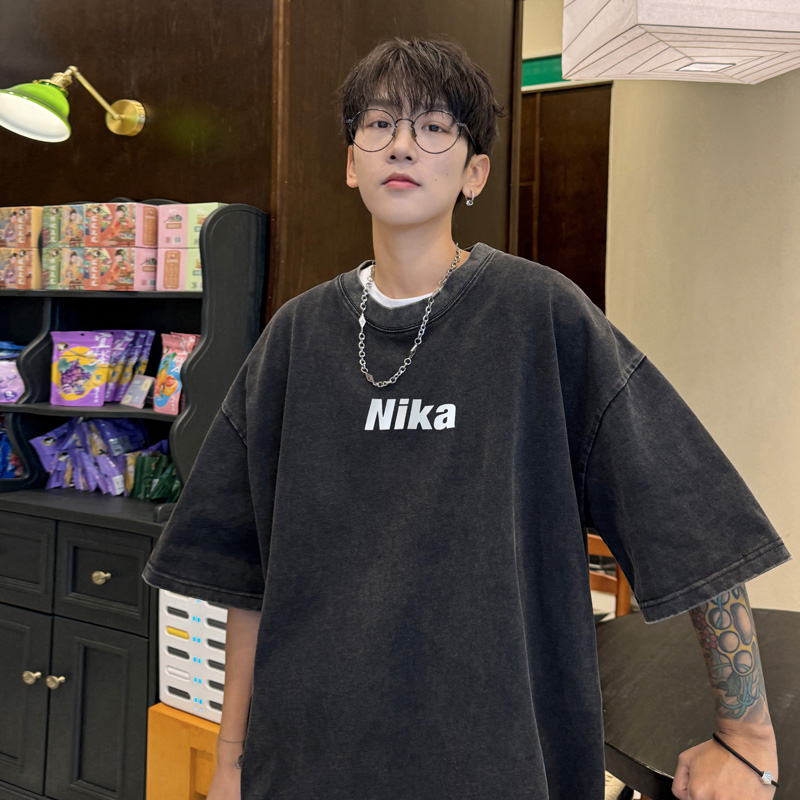 BDLS工作室文艺男女店港风情侣款重磅韩版炒雪花水洗做旧短袖t恤