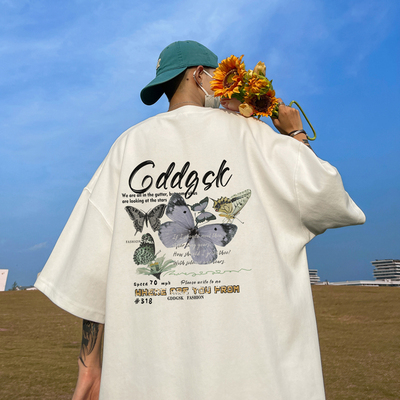 BDLS工作室文艺男女店港风情侣款蝴蝶印花短袖T恤大码体恤打底衫