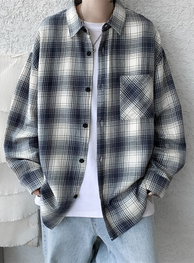 BDLS工作室文艺男女店港风情侣款纯棉格子衬衫大码宽松男女情侣款