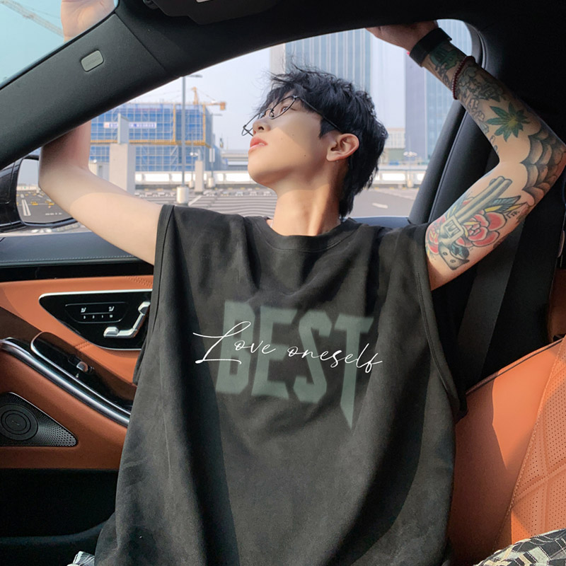 BDLS工作室文艺男女店港风情侣款男士潮牌麂皮绒背心情侣无袖T恤