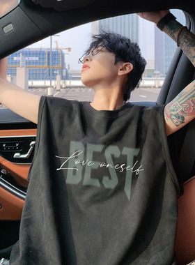 BDLS工作室文艺男女店港风情侣款男士潮牌麂皮绒背心情侣无袖T恤