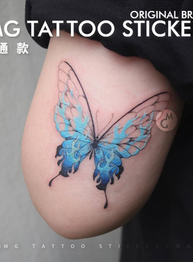 MG tattoo 火焰蝶 韩风唯美浪漫蓝色火焰蝴蝶图案纹身贴纸男女潮