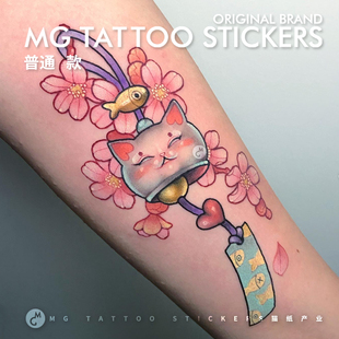 日系浮世绘猫咪风铃图案彩色花臂防水纹身贴纸 自吟风 tattoo