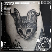 tattoo独家手绘暗黑邪恶羊角黑瞳猫头图案黑猫个性 欧美纹身贴