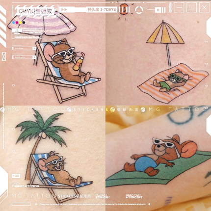 MG tattoo 杰瑞可爱迷你卡通惬意时光猫和老鼠趣味小图纹身贴4张