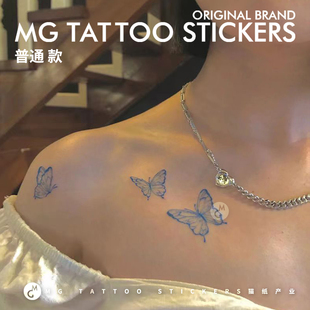 蓝色唯美蝴蝶简约锁骨脚踝小清新性感防水少女纹身贴纸 tattoo