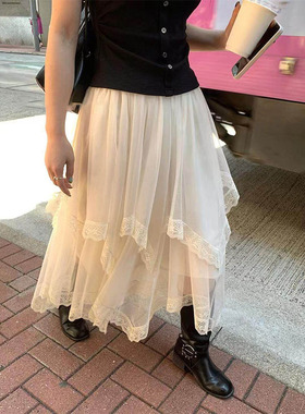 韩国设计感26春小众设计不规则裙子韩系百搭米杏色蕾丝A字半身裙