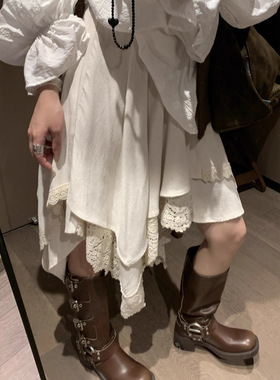 不规则拼接亚麻蕾丝半身裙女 2025秋冬新钩花蕾丝拼接设计感中裙