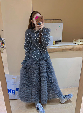 博主氛围感穿搭冬季宽松蓬蓬纱裙半身裙 灰色重工层层网纱蛋糕裙