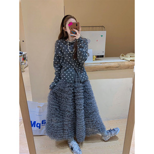 博主氛围感穿搭冬季宽松蓬蓬纱裙半身裙 灰色重工层层网纱蛋糕裙