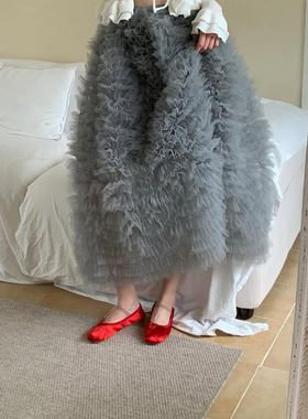 童话世界~韩国东大门25冬中长款半身裙女复古层叠重工网纱蛋糕裙