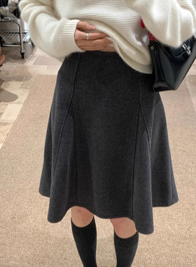 慵懒韩范2025秋冬设计师款小众复古A字中裙 深灰色高腰毛呢半身裙