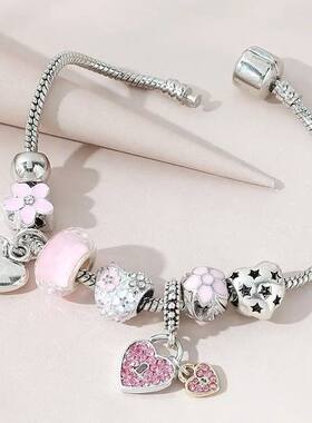 Obega Love Heart Flower Glass Pendant Charm Bracelet Classic