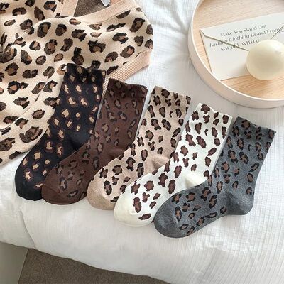 Women Vintage Leopard Print Cotton Crew Socks Soft Breathabl