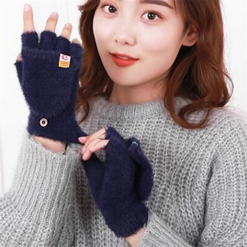 Winter Rabbit Fur Mittens Women Warm Gloves Feamle Girls Fli