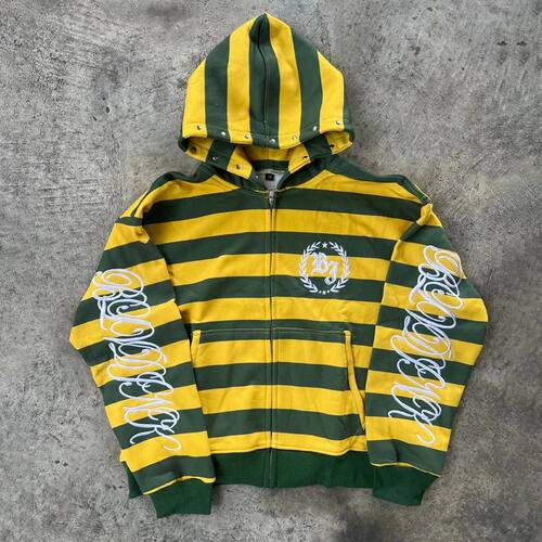 Y2K Street Kid Zip Up Hoodie Stripe Rivet Embroidery Pattern