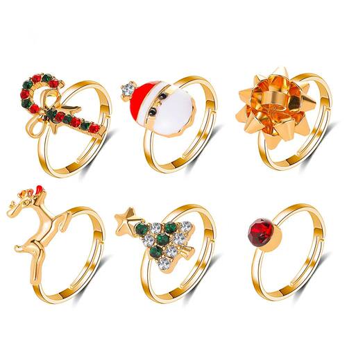 6Pcs Charming  Enamel Santa Claus Elk  Ring Xmas Ornaments C