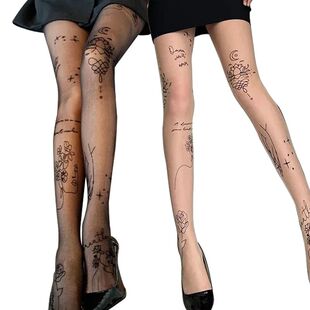 Women Sexy Tights with Patterned Tattoos Pantyhose Inscripti