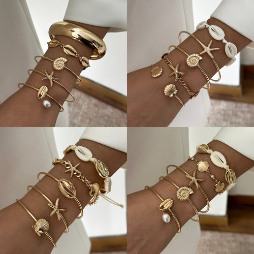 Beach vacation style seashell starfish bracelet set