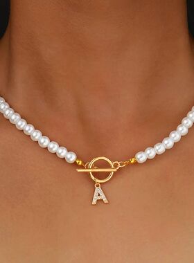 Fashion Crystal Initial Letter Charm Imitation Pearl Choker