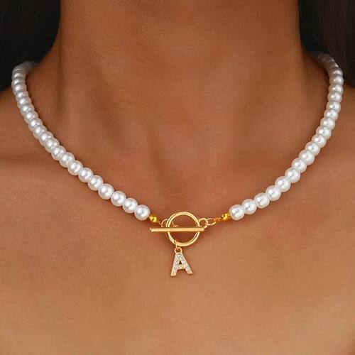Fashion Crystal Initial Letter Charm Imitation Pearl Choker