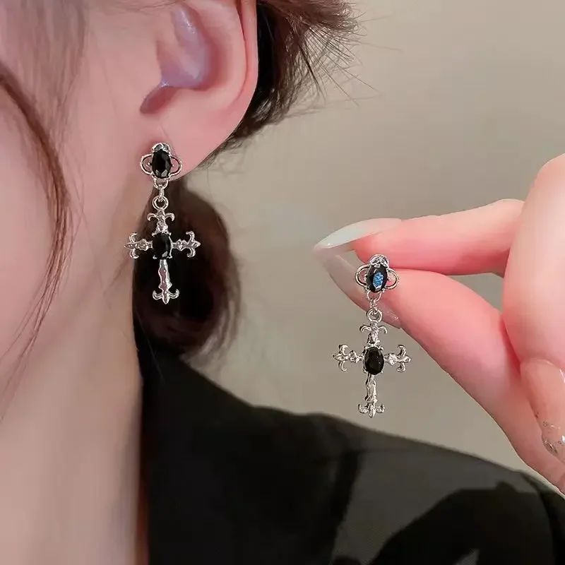 Gothic Cross Black Drill Drop Earrings Women Punk Halloween