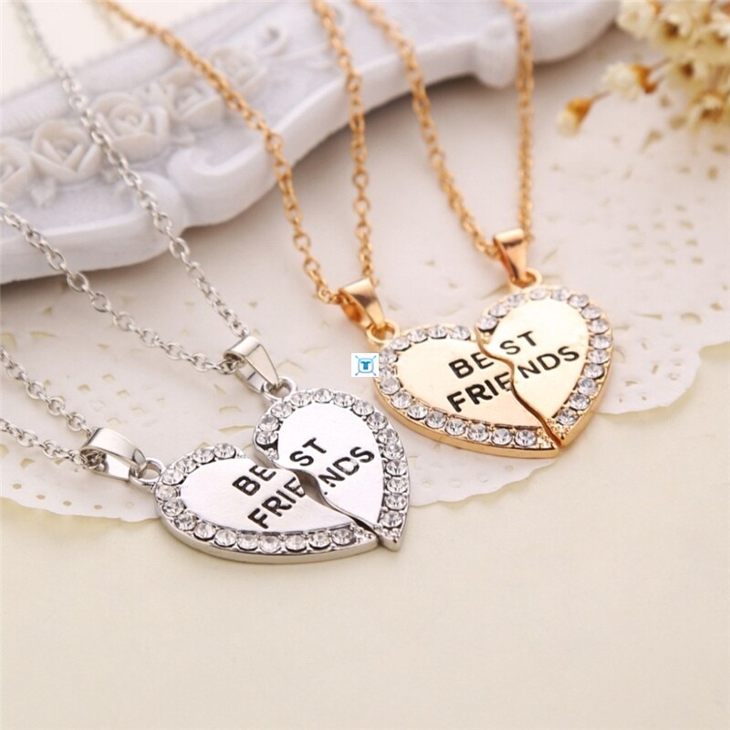 unisex 2 pcs bff necklace women crystal heart pendant best
