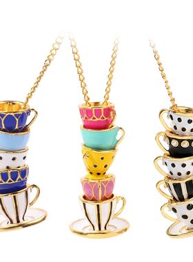Boho Hand Made Tea Cup Necklace Pendant Woman Collier Sweate