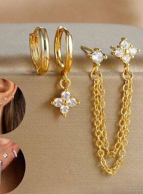 3PCS New Arrival Four Zircon Flower Hoop Earring Set for Wom