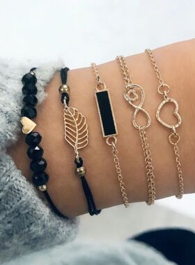 5 pcs/set Women's Bracelets Black Enamel Square Hollow Heart
