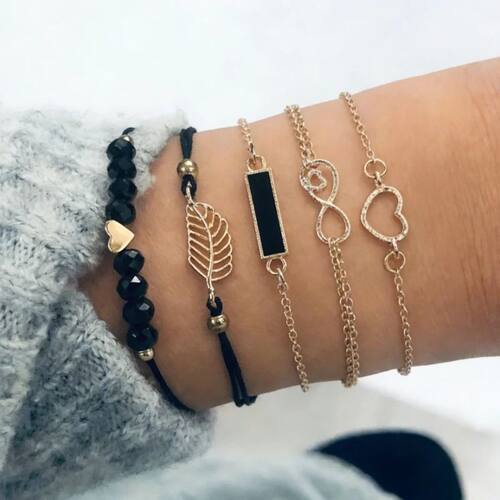 5 pcs/set Women's Bracelets Black Enamel Square Hollow Heart