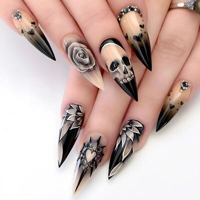24Pcs Black Glossy Halloween Almond Fake Nails Gradient Fren