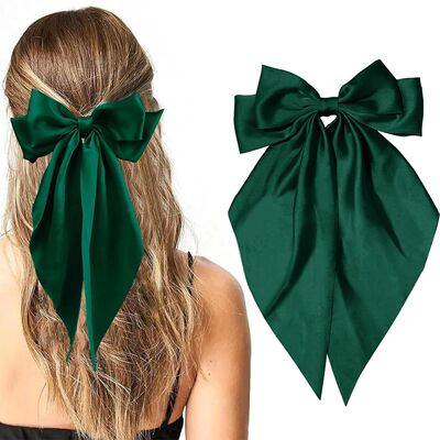 Women's pink bow hair clip, large white satin bow, long tail