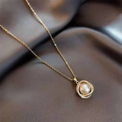 Beads Women's Neck Chain Kpop Pearl Pendant Necklace Gold Co