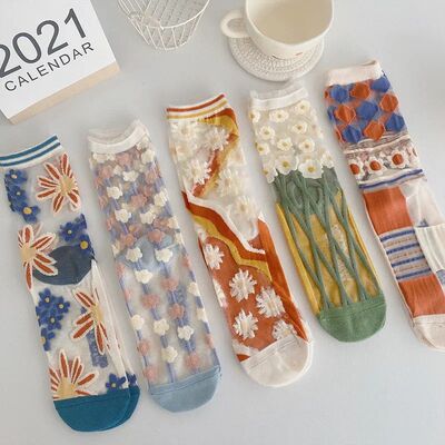 Sexy Lace Flower Glass Silk Tide Sock Novelty Retro Crystal