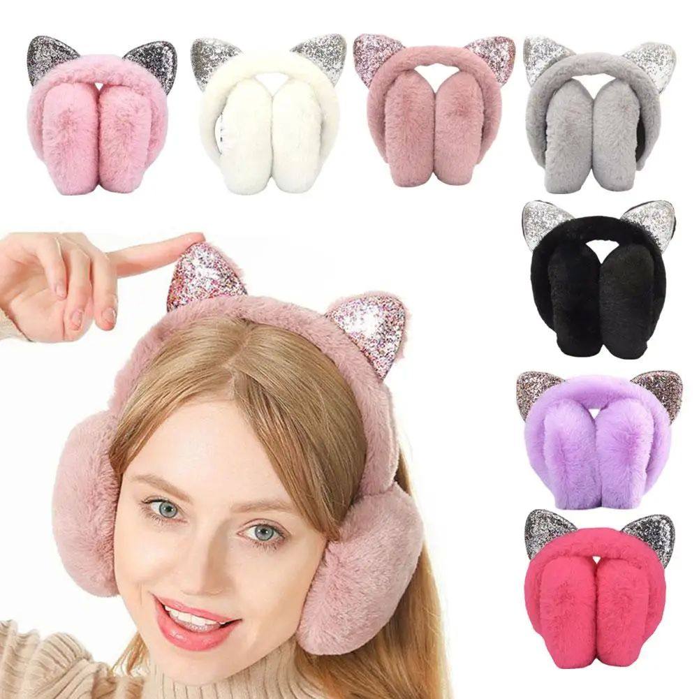 Cute Cat Ear Warmers Glitter Ears Plush Earmuffs Winter Cozy