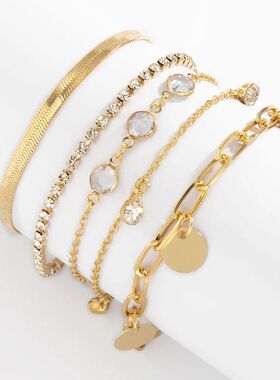 Boho Flat Snake Bone Chain Rhinestone Sequin Pendant Bracele