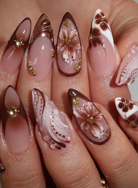3D fake nails for women girls Gradient brown blue embossed f