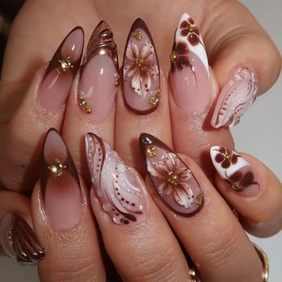 3D fake nails for women girls Gradient brown blue embossed f