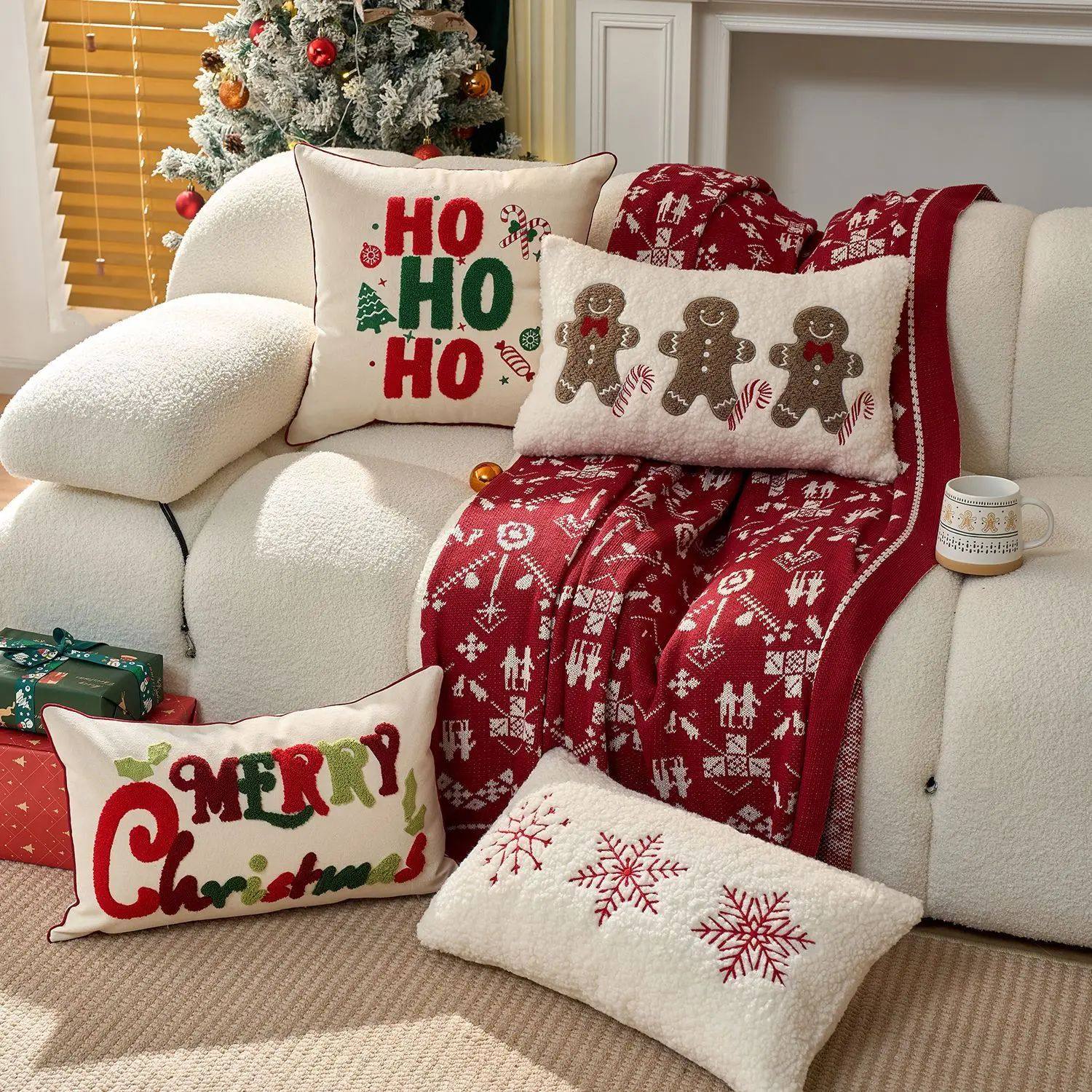 Embroidered Merry Christmas Holiday Red Throw Pillow Case Co