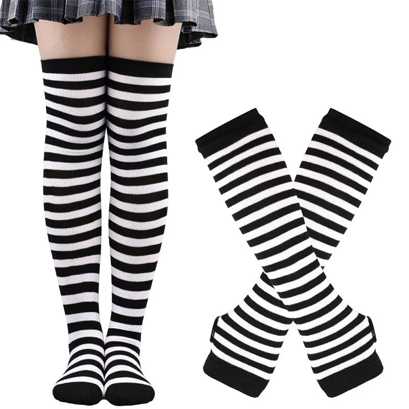 1 Set Women Gothic Punk Over Knee Long Stripe Socks Arm Slee