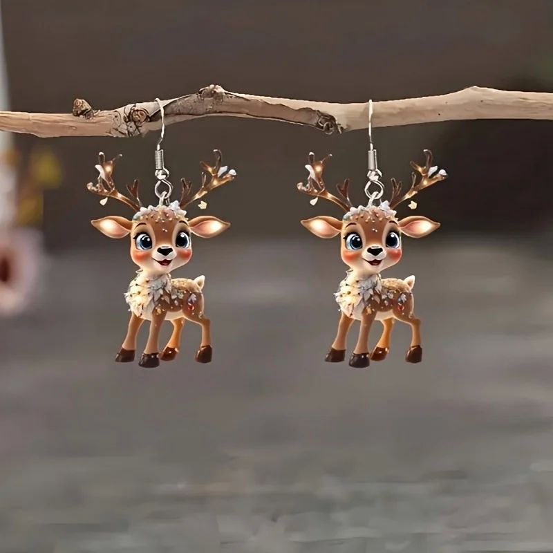 1 pair of cute and charming Christmas elk earrings, 2D acryl