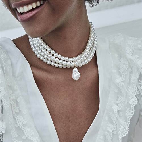 Multilayer White Imitation-Pearl Choker with Metal Slice Fix